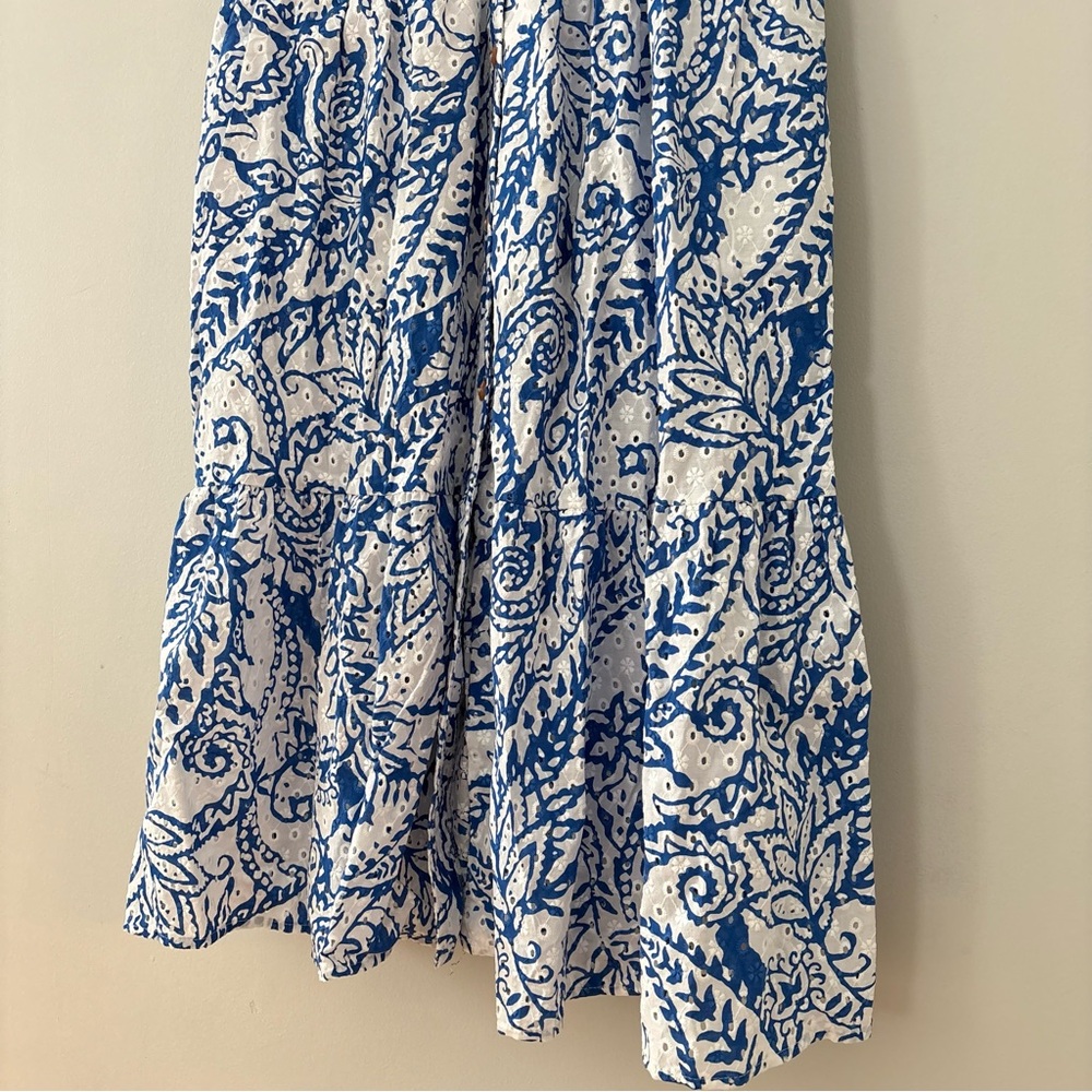 Zara Eyelet Blue White Paisley Summer Midi Dress Size XS Boho Vacation Dress - Picture 8 of 13